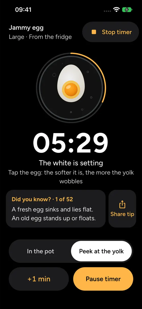 "Did you know?" card: a fresh egg sinks and lies flat; an old egg stands up or floats.